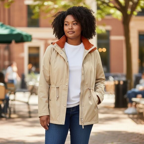 fleet street Jackets & Blazers - Fleet Street Women Large Jacket/Coat Tan Orange Detachable Hood Zip Snap